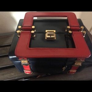 Vintage Navy, Red and Gold Box Purse - Locks w Key